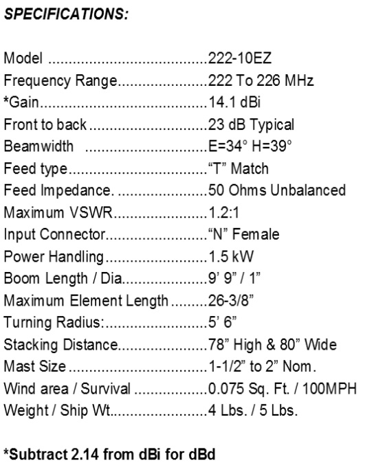 
<br>
<br>Specifications:
<br>Freq Range                222-226MHz
<br>Gain                      14.1 dBi
<br>Front to back             23 dB Typical
<br>Beam width                E=34 H=39
<br>Feed type                 