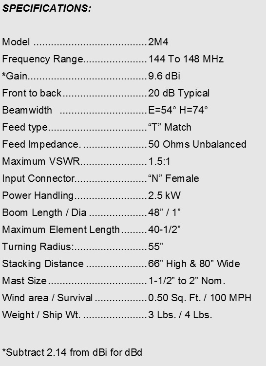 
<br>
<br>Specifications:
<br>Freq Range                144-148MHz
<br>Gain                      9.6dBi
<br>Front to back             20 dB Typical
<br>Beam width                E=54 H=74
<br>Feed type                 